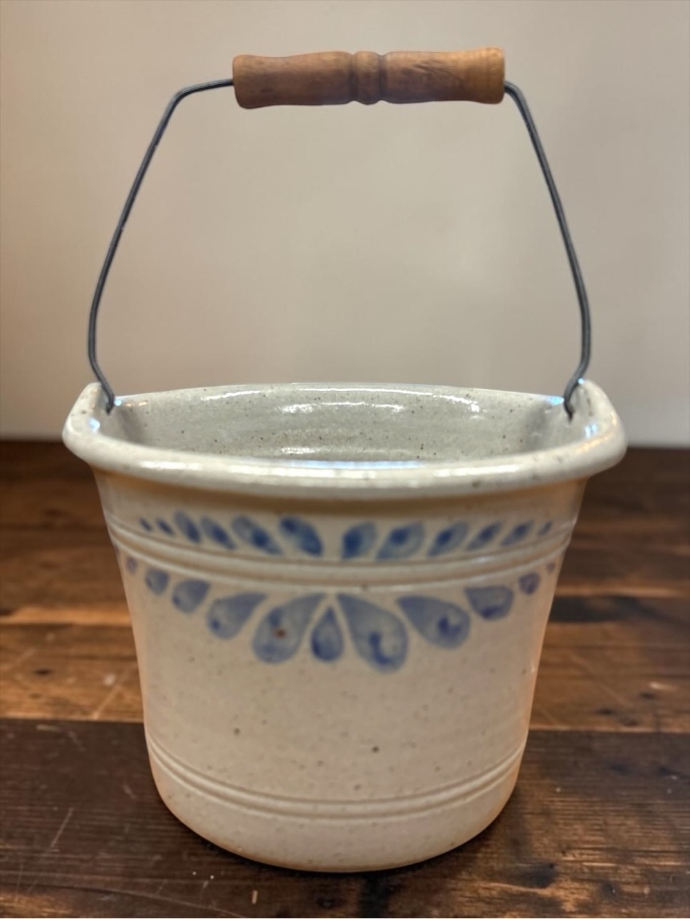 Ceramic Blue and Cream Decorative Bucket with Wooden Handle